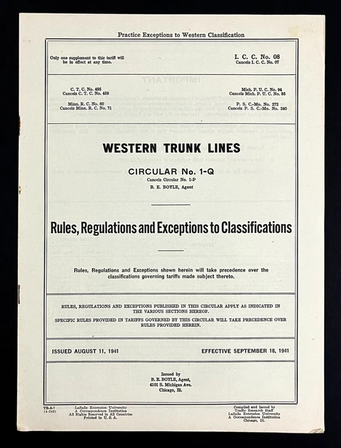 1941 Western Trunk Lines Classifications Tariff Rules Vintage Railroad Booklet