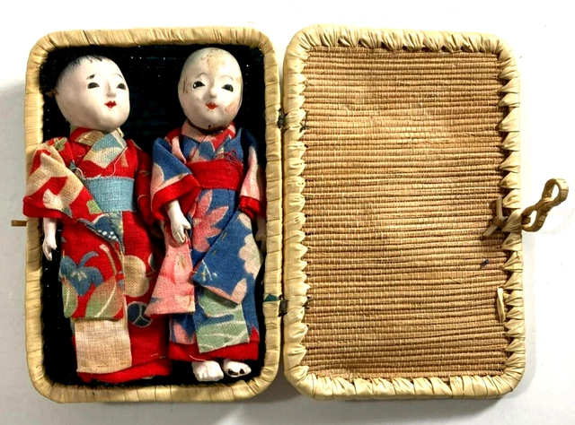 Vintage Pair of Bisque Dolls in Traditional Clothing in Wicker Case 5"  Dolls 4"