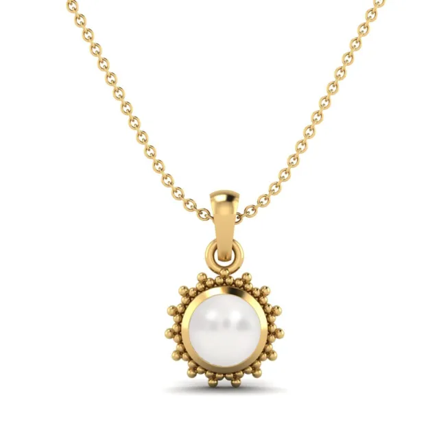 10k Yellow Gold 6 MM Round Shape Natural Pearl Solitaire Necklace for Women