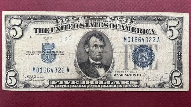 1934 C Five Dollar Silver Certificate $5 Bill Blue Seal Note Circulated #59011