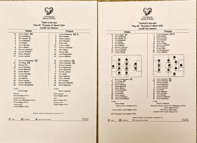 Wales v Finland, 21/3/2024, European Championship Qualifier, Team Sheets x 2