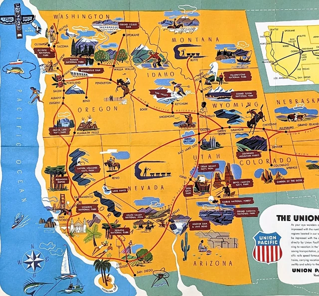 1949 Union Pacific Map Western United States Pictorial San Diego Seattle Boise