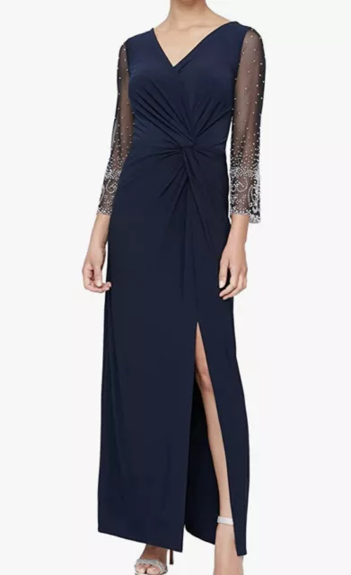 NWT Alex Evenings Surplice Neck Dress w/Embellished Illusion Sleeves Navy Sz 6