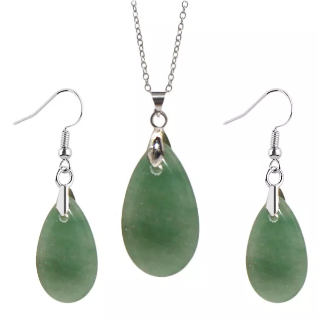 Natural Green Aventurine Teardrop Pendant Necklace Earrings Set Silver Chain 18"