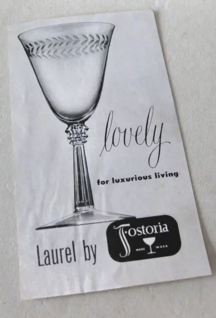 FOSTORIA GLASS #776 LAUREL 2 Sided Leaflet Illustrated 1938-57