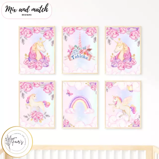 Wall Unicorn Kids Art Card Print Personalised A4 Nursery Bedroom Girls Name Pink