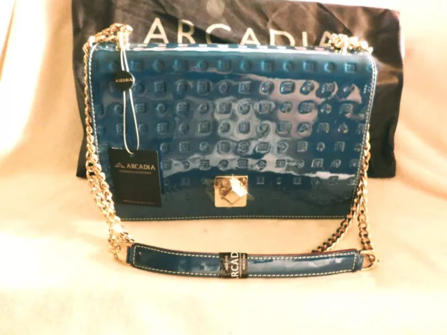 Arcadia Italian Cool Cobalt Patent Embossed Satchel Chain Strap Red Accents NWT
