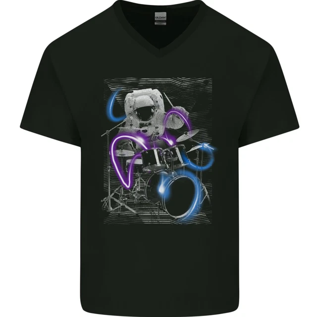 Astronaut Drummer Drumming Drums Mens V-Neck Cotton T-Shirt
