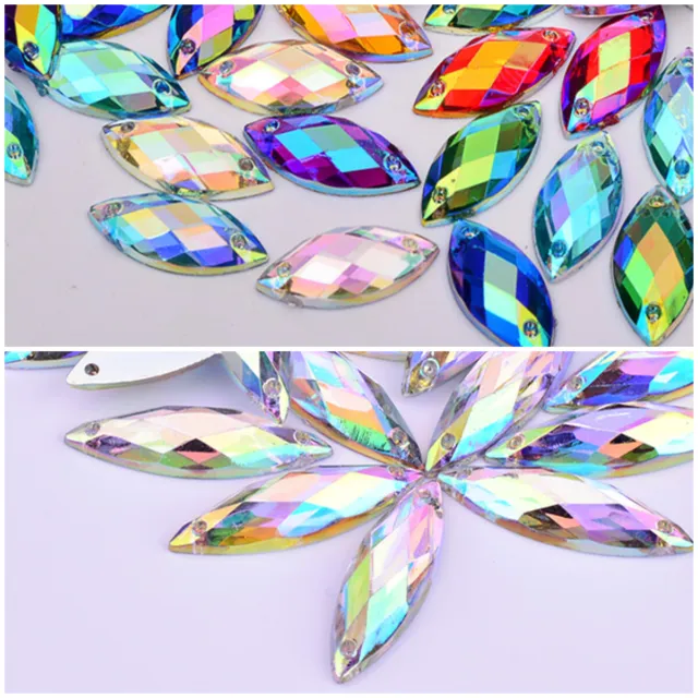 100 x SEW ON BEADS CLEAR AB FLAT BACK FACETED HORSE EYE OVAL RHINESTONE STRASS