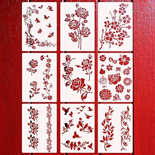 9 PCS Flower Stencils for Painting on Wood Vine Leaf Cherry Blossom Stencil B