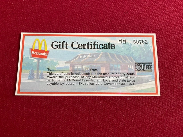 1974, McDonald's, "Un-Used", Gift Certificate (Scarce / Vintage)