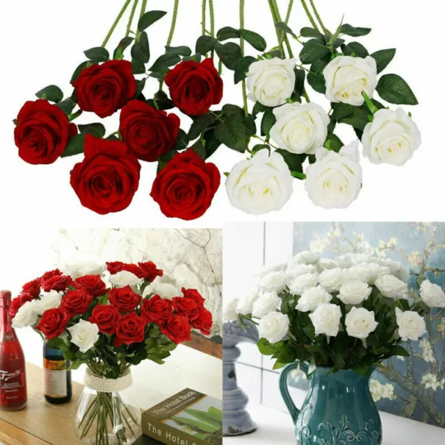 Fake Single Long Stem Blooming Bouqet il 10x Artificial Roses Faux Silk Flowers