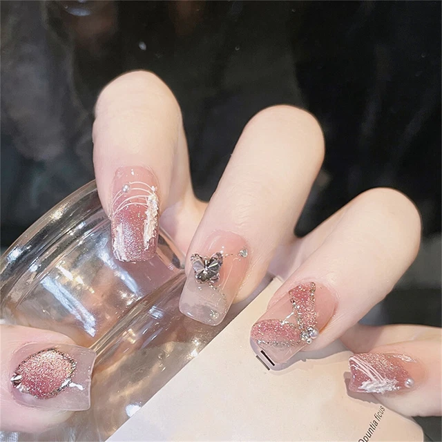 Prensa cuadrada corta de uñas postizas de mariposa brillante para arte de uñas 24 piezas