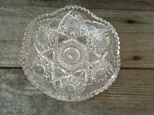ABP American Brilliant Period 7" Cut Glass Low Bowl Hobstars and Triangles