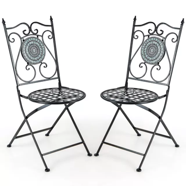 Lot de 2 Chaises de Jardin Pliantes en Métal Dossier Décoratif à Motifs Mosaïqu