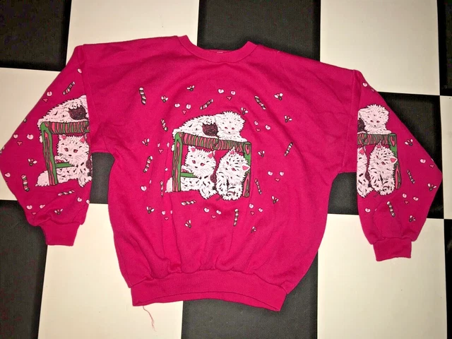80s Vintage Pink & White Novelty Cute Kittens Flocked Sweatshirt Jumper