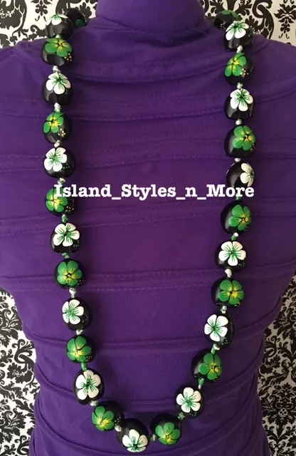 Hawaii Wedding Kukui Nut Lei Graduation Luau Hula Necklace Hibiscus GREEN WHITE