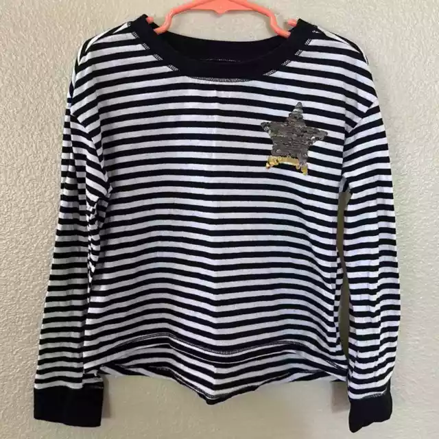 Justice Girls Black and White Striped Sequin Star Long Sleeve Shirt Size 6