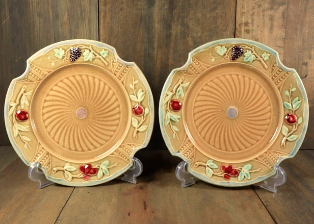 Antique French Majolica Plate PAIR Berries FIVES LILLE Art Nouveau Victorian