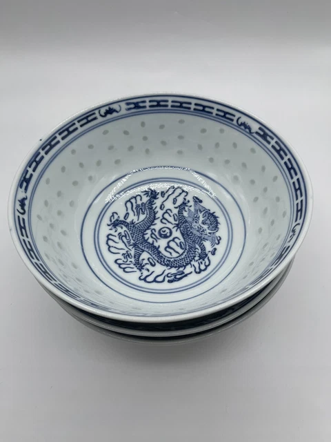 3 CHINESE BLUE and White Dragon Rice Pattern Bowl 8 inch $34.99 ...