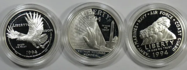1994-P US Verterans 3 Coin Commemorative Silver Dollar Set - Proof