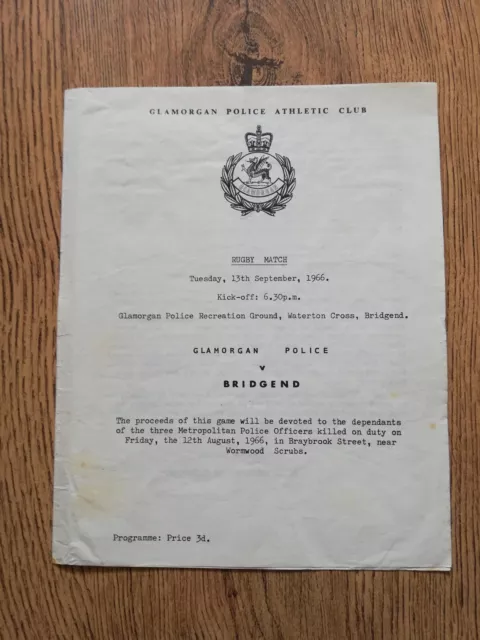 Glamorgan Police v Bridgend Sept 1966 Rugby Programme