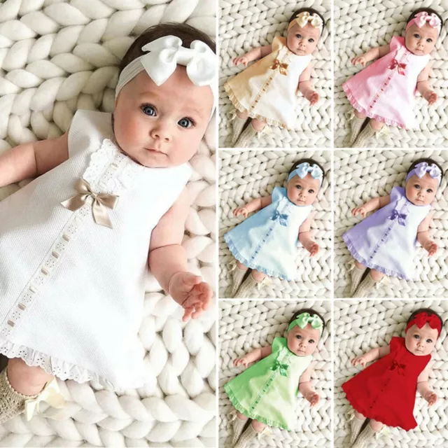 Newborn Infant Baby Girl Solid Lace Short Sleeve Dress Bow Headband Set Clothes1