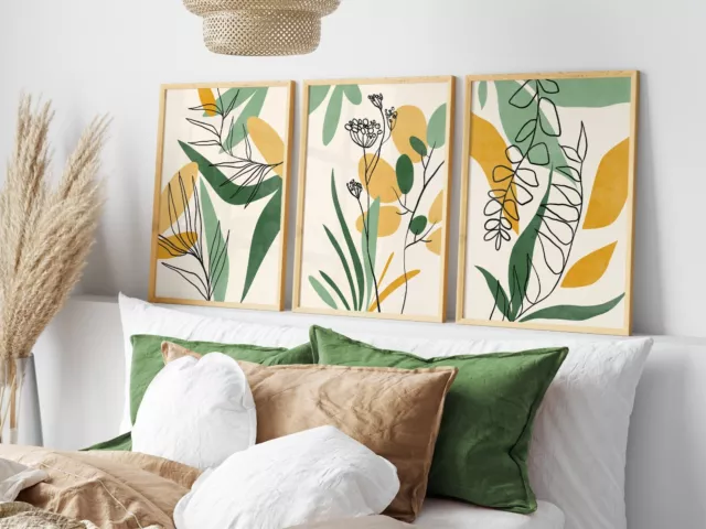 Boho Botanical Leaves and Flowers Green and Yellow Soothing Tones