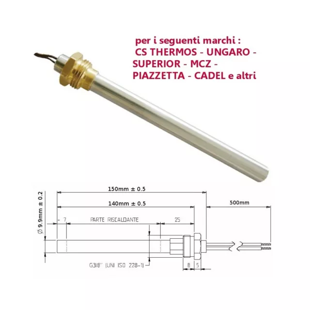 Resistenza Candeletta Stufe a pellet 3/8 300W 150mm Ungaro 140mm battuta