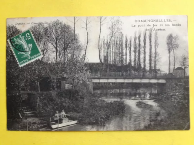 cpa RARE Burgundy CHAMPIGNELLES (Yonne) Le BRIDGE de IRON et les Bords de l'AGREAU