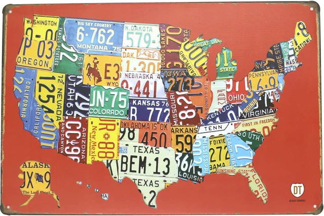 Wall Décor Metal Tin Sign Red USA Map Road Plate Plaque Poster Garage Bar Pub