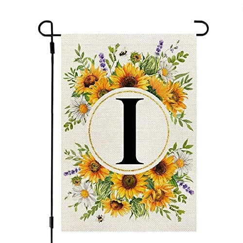 Summer Monogram Letter I Garden Flag Sunflower 12x18 Inch Double Sided