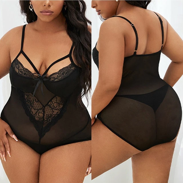Taglie Forti Donna Lingerie Erotica Pizzo Intimo Canotta Nero Notte Mesh