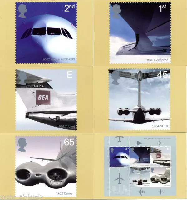 Great Britain GB "AVIATION ~ PLANES ~ AIRLINERS" Set of 6 Mint PHQ Cards 2002