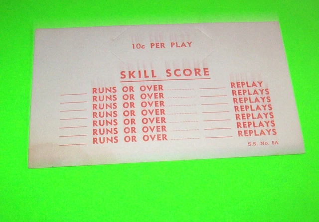 SKILL SCORE ORIGINAL 1950s-1960s VINTAGE 10 cents ARCADE GAME REPLAY CARD #3
