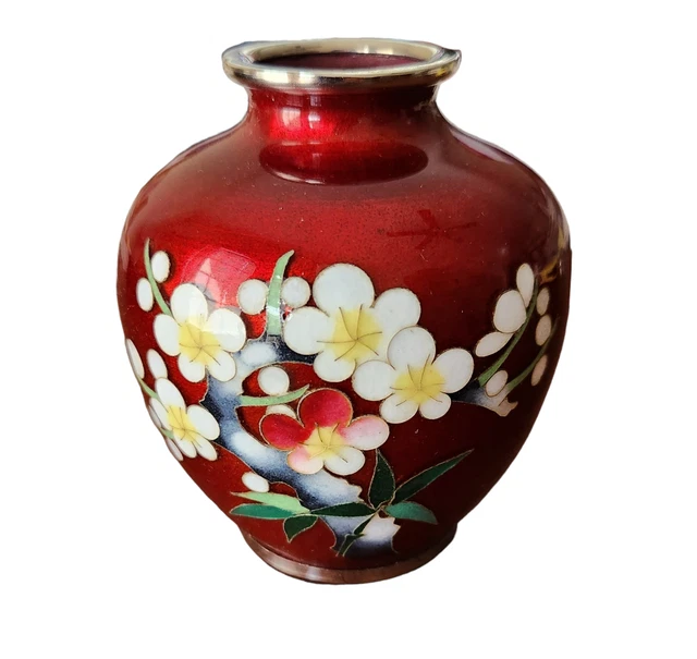 Vintage Japanese VASE Pigeon Blood Red Cloisonne Enamel One Ding 3.5" High