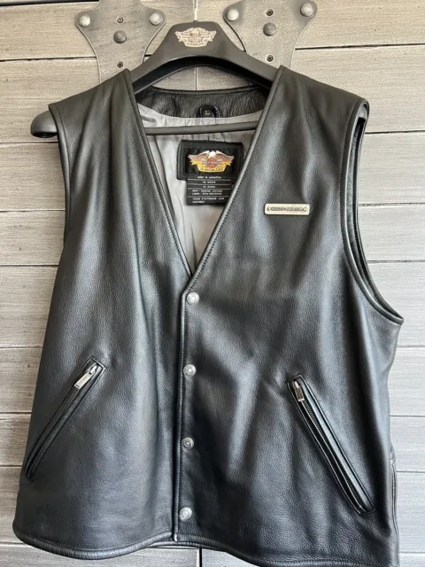 HARLEY DAVIDSON BLACK Leather Snap Vest USA Mens Sz Large USA $59.99 ...