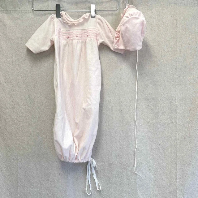 Carter's Vintage 80s pink striped gown & bonnet Layette Baby Newborn 0-3 Months