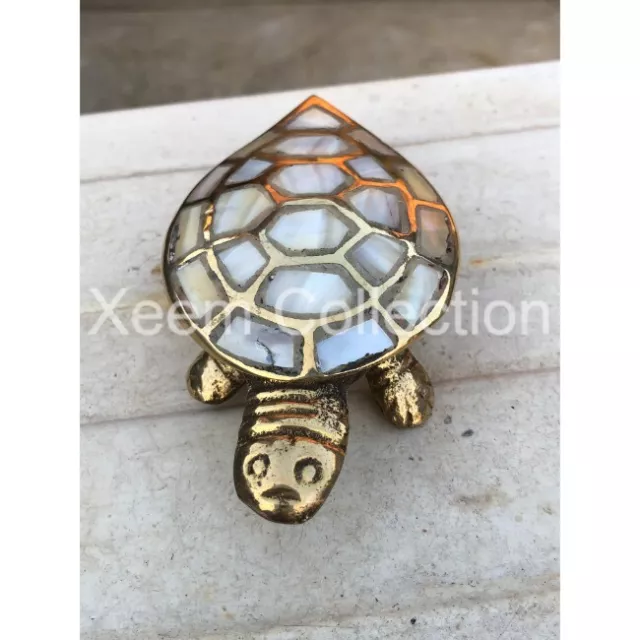 Antique Tortoise Solid Brass Turtle Mother Pearl Lidded Hinge Ashtray Trinket