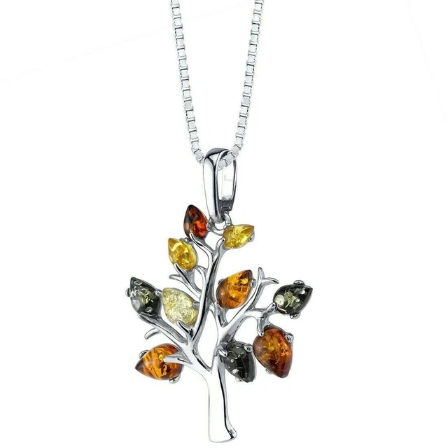 Genuine Baltic Amber Gemstone Tree of Life Pendant Necklace in Sterling Silver