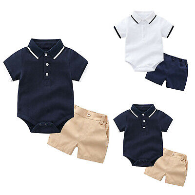 Summer Toddler Baby Kids Boys Girls T-shirt Romper Tops+ Solid Shorts Outfits
