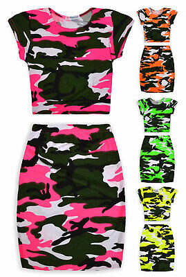 Girls Neon Camo Crop Top And Skirt Outfit New Kids Summer Set Ages 7-13 Years