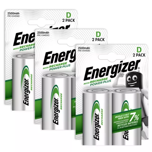 6 x Energizer Rechargeable D Size batteries Recharge Power NiMH 2500mAh LR20