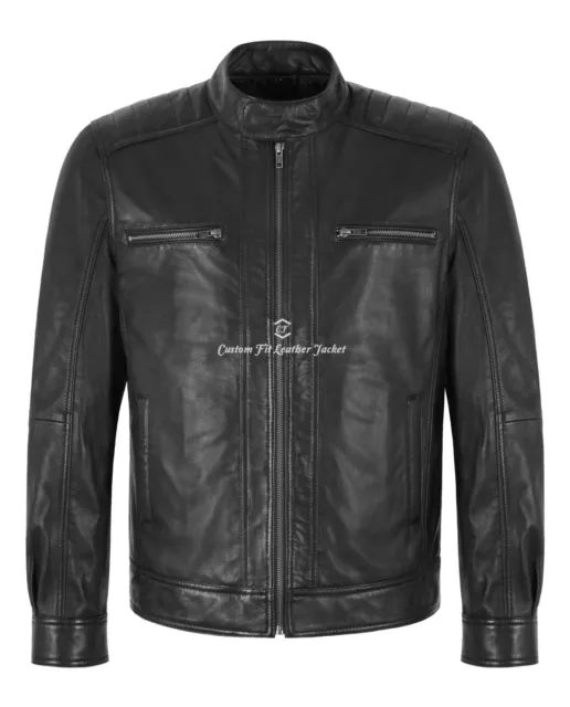 Mens Cafe Racer Zip Up Moto Leather Jacket Black Classic Biker Style Beckham