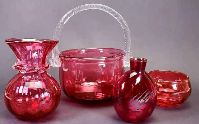 Set of Four Pairpoint Signed Cranberry Glass Vase Bowl Basket