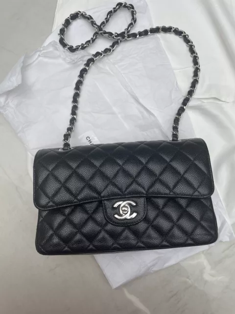Authentic Chanel Classic Black Caviar Leather Medium Double Flap Bag