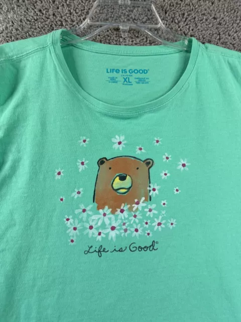 Life Is Good Shirt Womens XL Green Teal Bear Daisy Flowers Crusher Tee Ladies 3