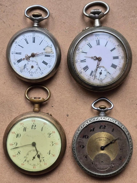 Lot De 4 Montres à Gousset Anciennes Pour Pièces - Mécanique Argenté émaillé