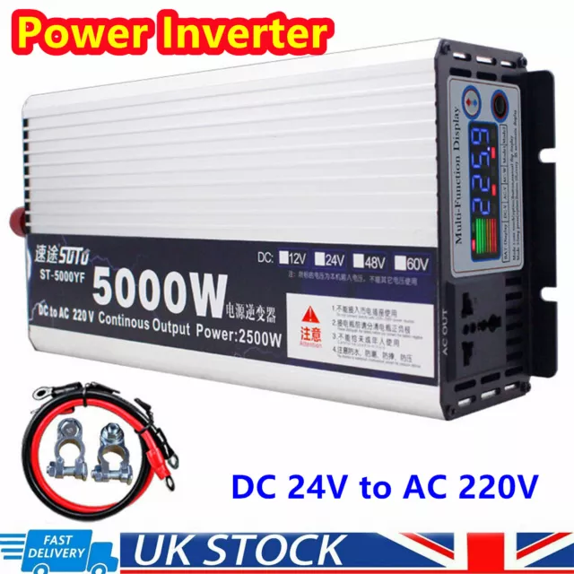 5000W Power Inverter DC 24V to AC 220V Pure Sine Wave LCD Car Home Converter