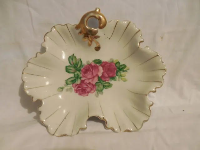 Vintage 8" Ucagco China Leaf Shaped Candy Dish With Pink Roses - Made In Japan!